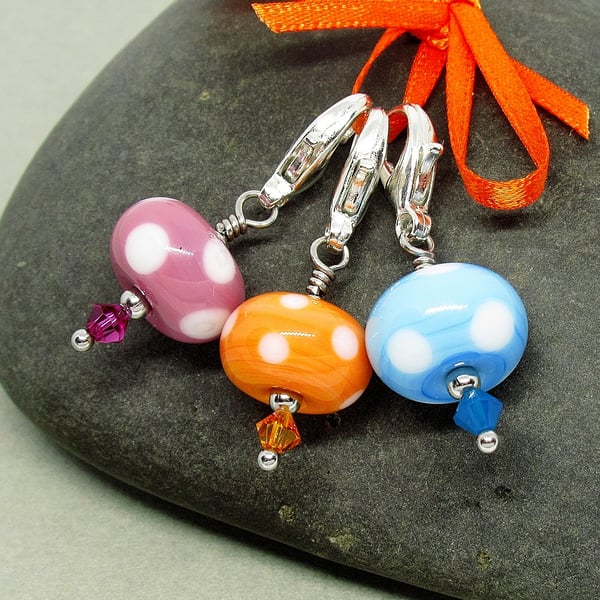Polka Dot Lampwork Glass Bead Stich Markers for Crochet and Knitting 