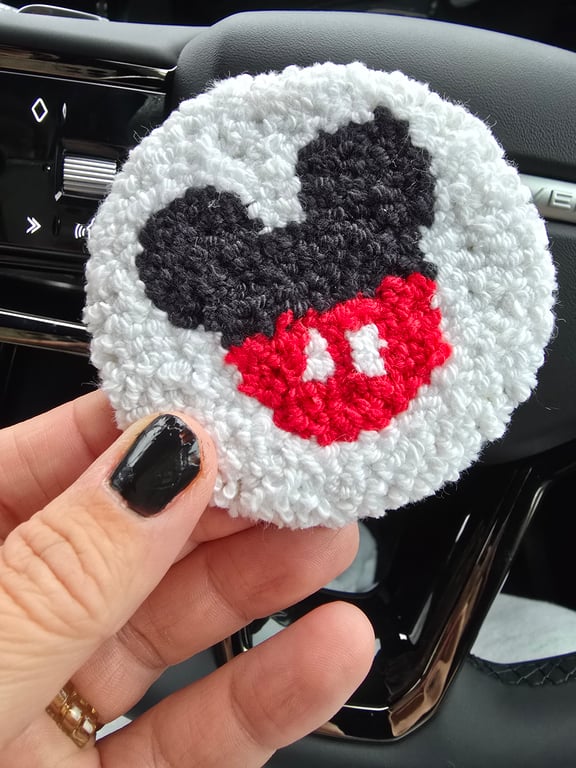 Mouse Ears inspired White Punch Needle Car Coaster