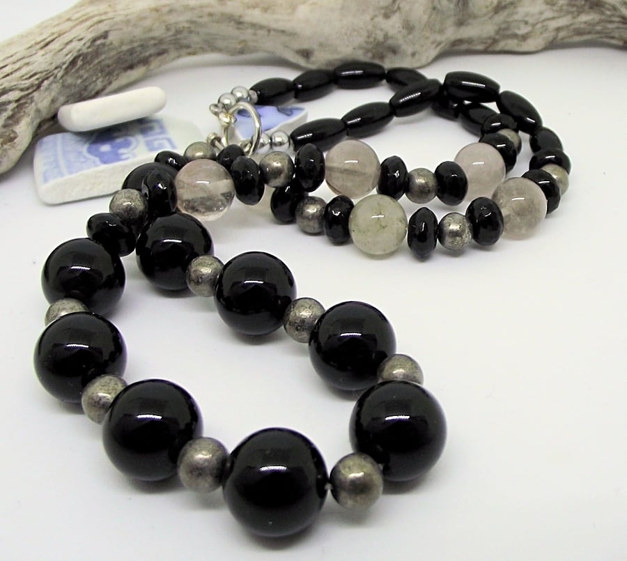 Necklace black agate silver grey pyrite beads