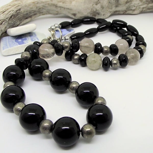 Necklace black agate silver grey pyrite beads