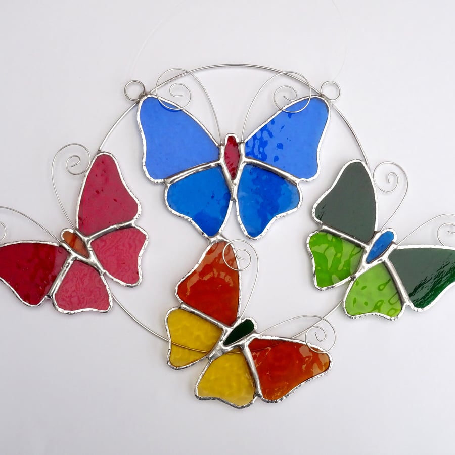 Stained Glass Butterfly Ring - Handmade Hanging Decoration Multi