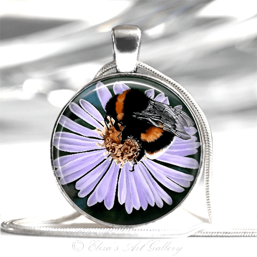 Silver Plated Bee on Flower Art Pendant Necklace