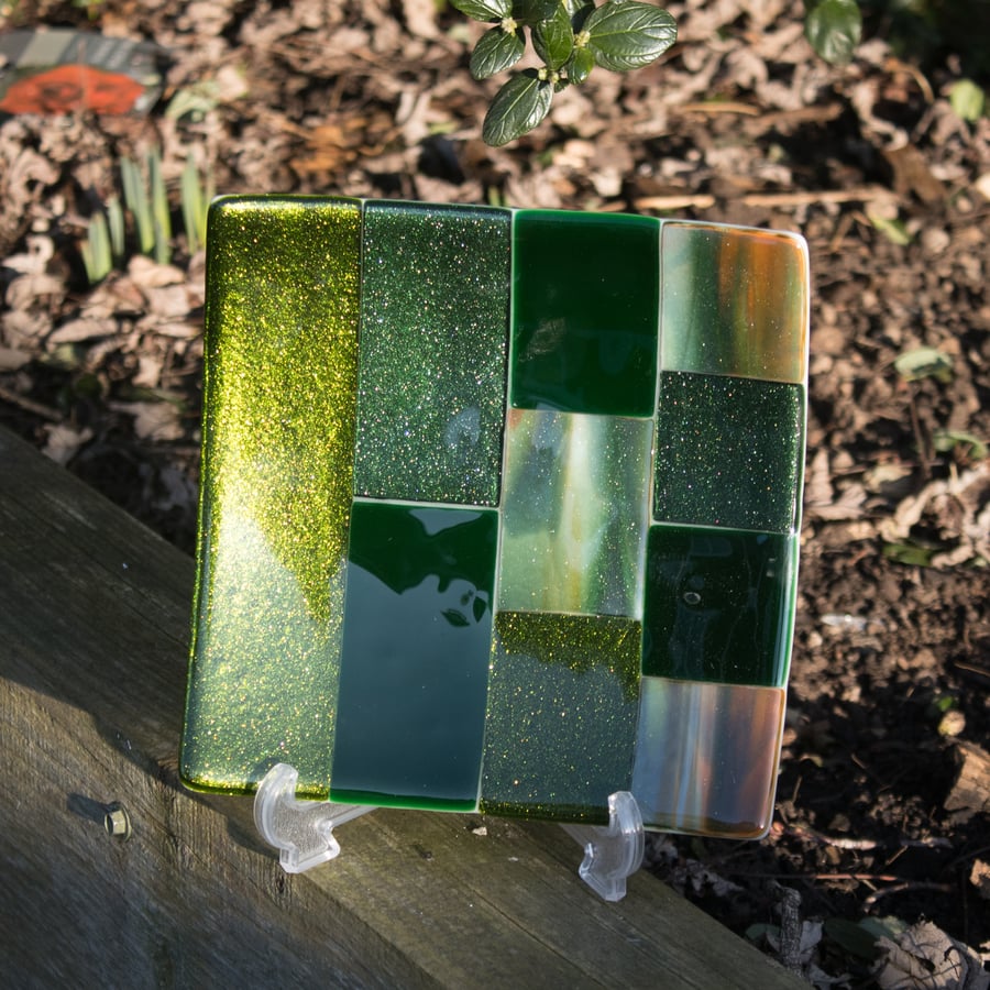 Fused Glass Platter in Greens - 9099