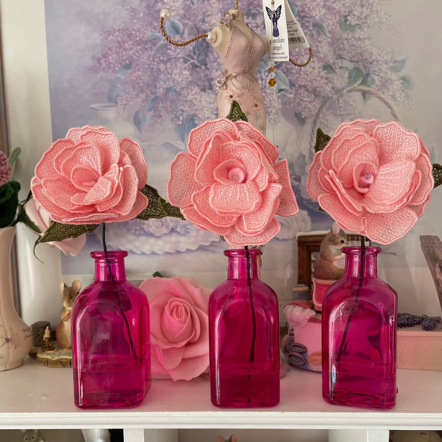 Home - Lace Pink Rose in a Pink Bottle by Carolee Crafts PB7 - 0010