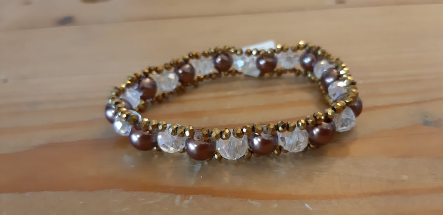 3 Layer Beaded Elastic Bracelet - Brown and Gold