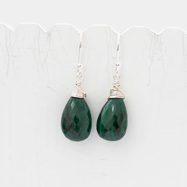 Top Quality Green Malachite Briolette and Sterling Silver Earrings 