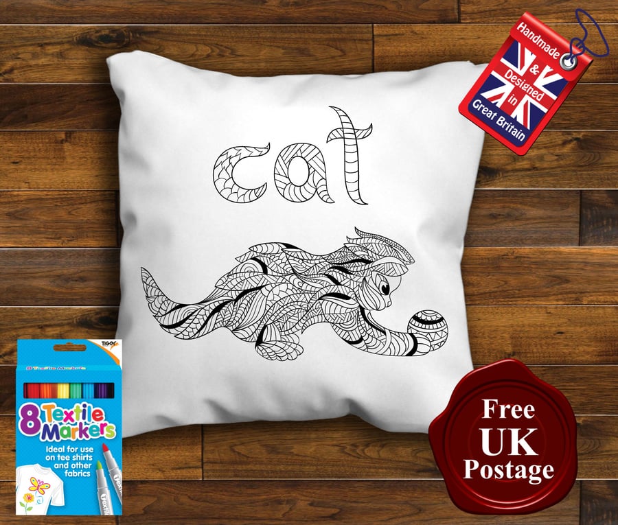 Cat Colouring Cushion Cover With or Without Fabric Pens Choose Your Size