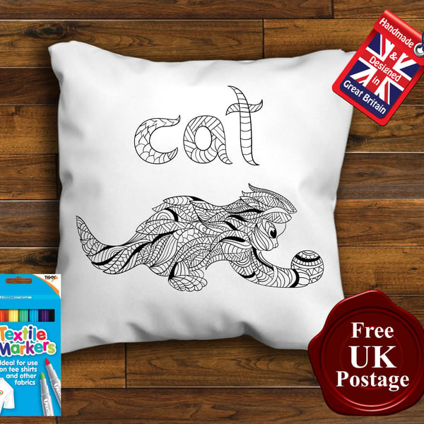 Cat Colouring Cushion Cover With or Without Fabric Pens Choose Your Size