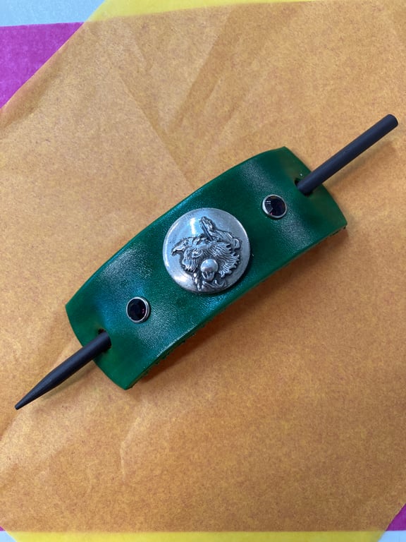 Dyed Green Leather Hair Stick Barrette with 2 Purple Gemstones & Wizard Centre