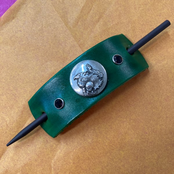 Dyed Green Leather Hair Stick Barrette with 2 Purple Gemstones & Wizard Centre