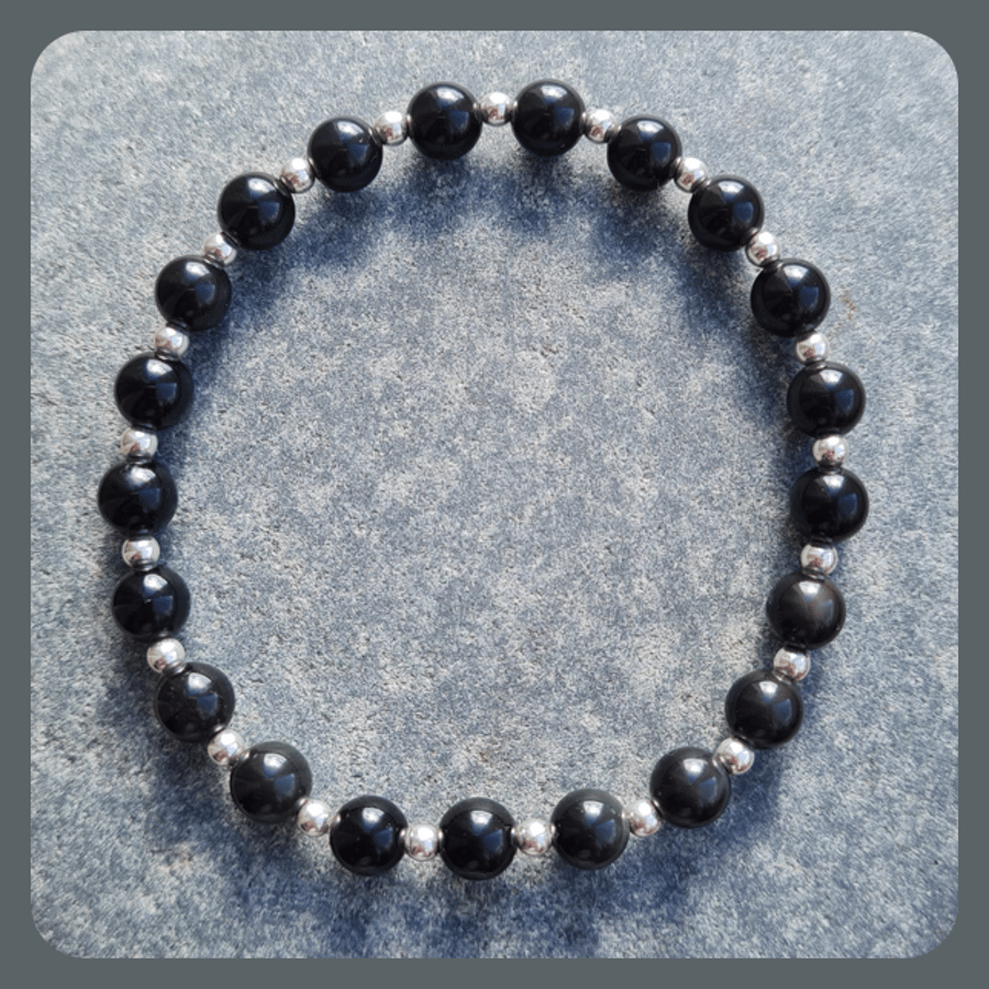 Black Obsidian and Sterling Silver Star Stacker Bracelet