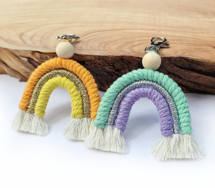 Macrame Rainbow keychain, Rainbow bag charm