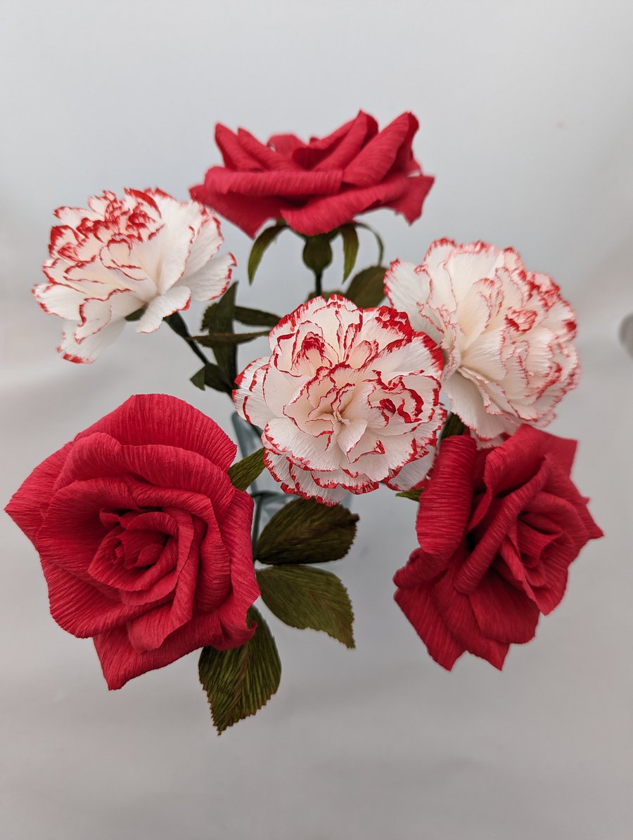 Crepe paper rose and carnation bouquet