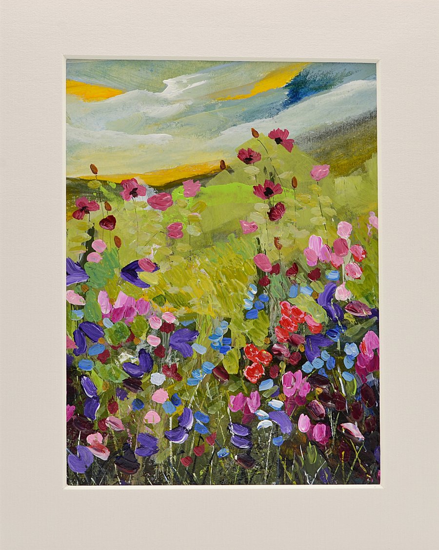 A Mounted Painting of Flowers in a Scottish Landscape. 10 x 8 inches.