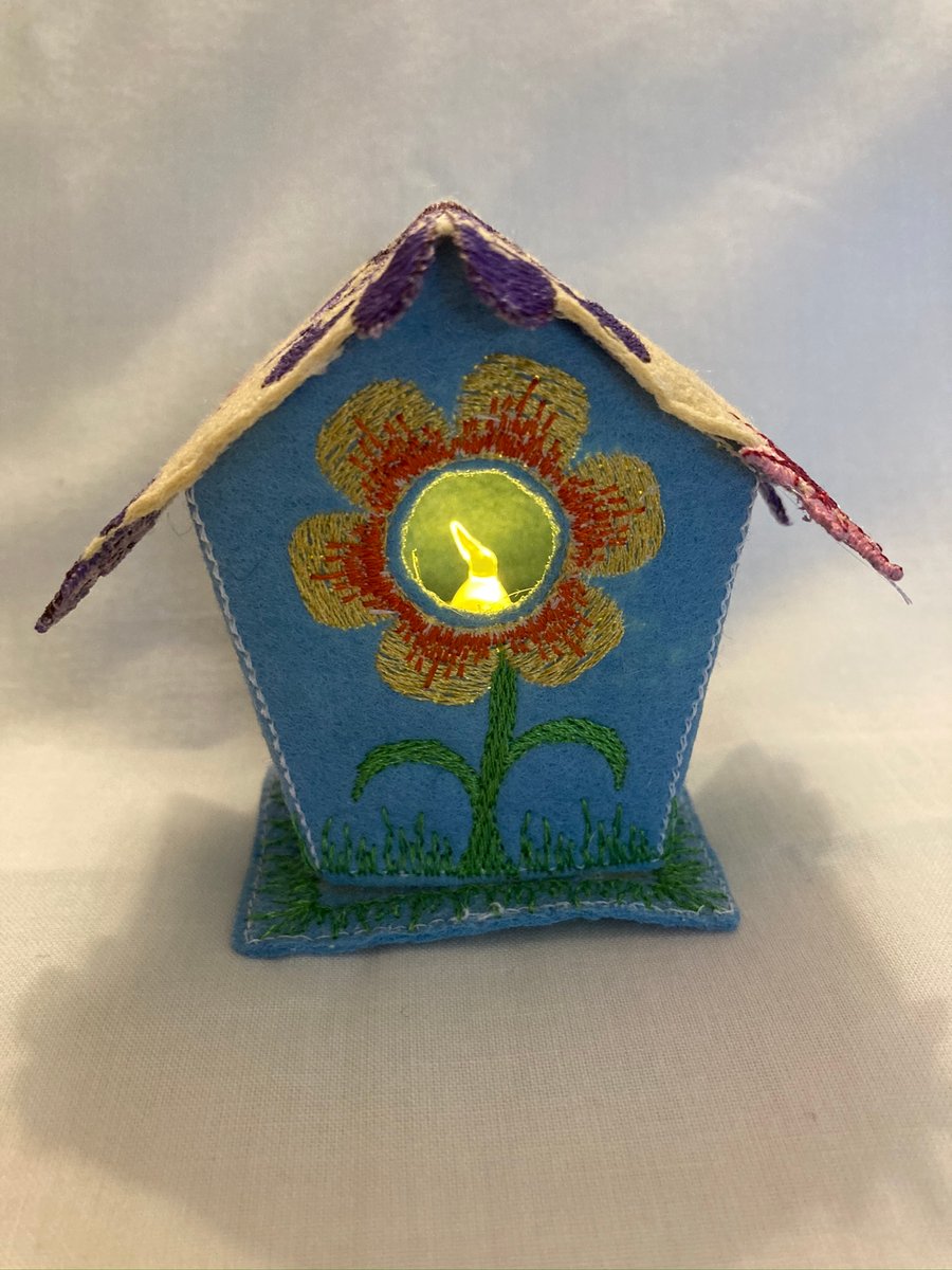 Tiny embroidered felt fabric  tea light bird house 