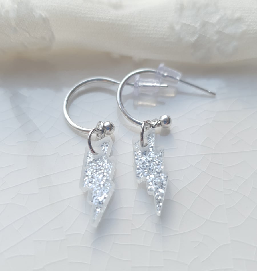 Silver Glitter Encrusted Resin Lightning Bolt Hoop Earrings - Silver Hoop