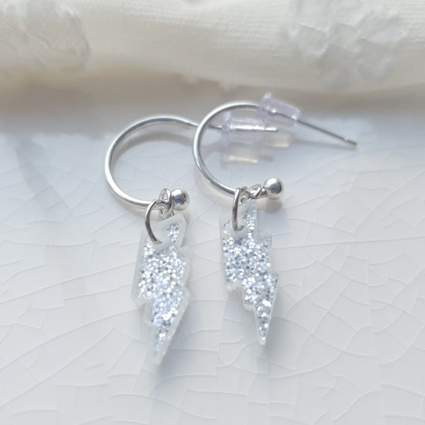 Silver Glitter Encrusted Resin Lightning Bolt Hoop Earrings - Silver Hoop