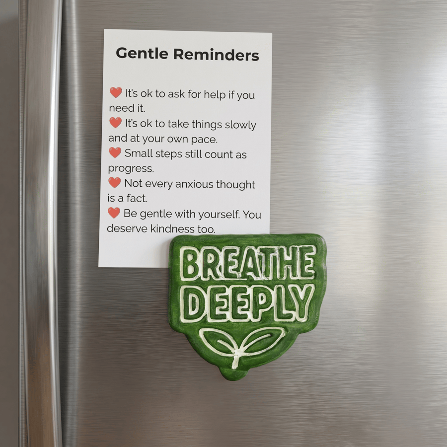 Breathe Deeply handmade green fridge magnet with A7 Gentle Reminders card