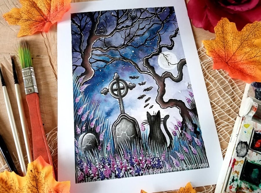 Graveyard Cat, Quality A5 Print, Original Artwork By Delilah Jones, Acrylic Art,