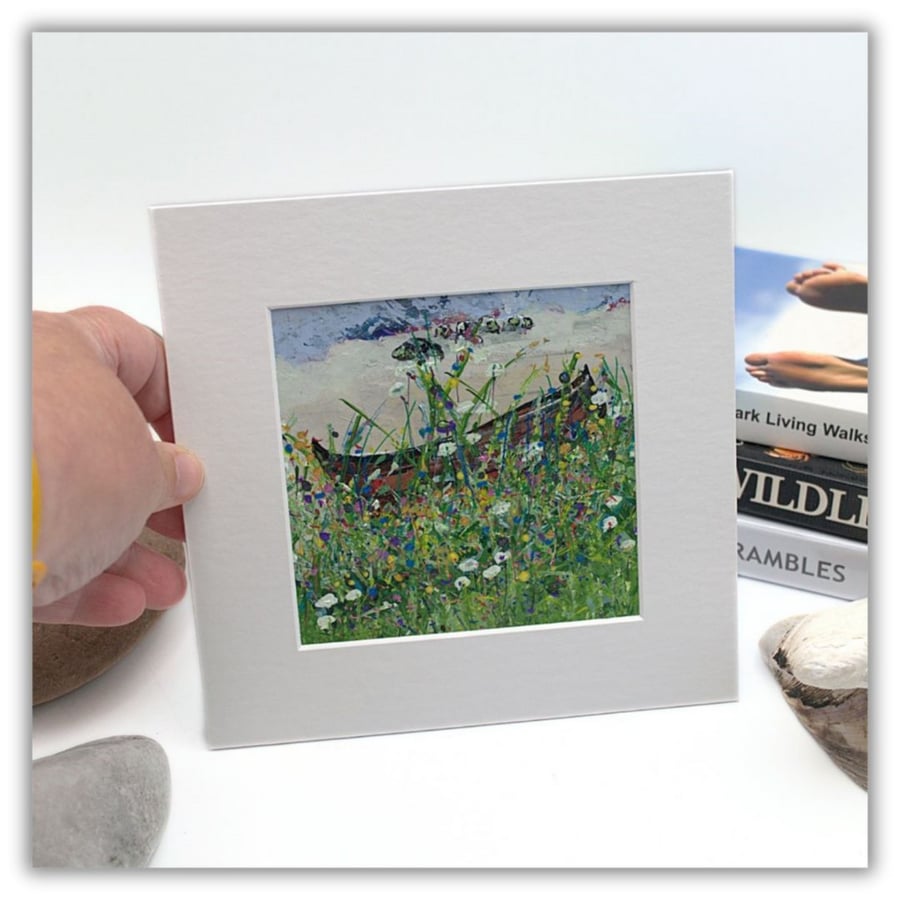 A small mounted acrylic painting - Scottish beach - boat - acrylics 