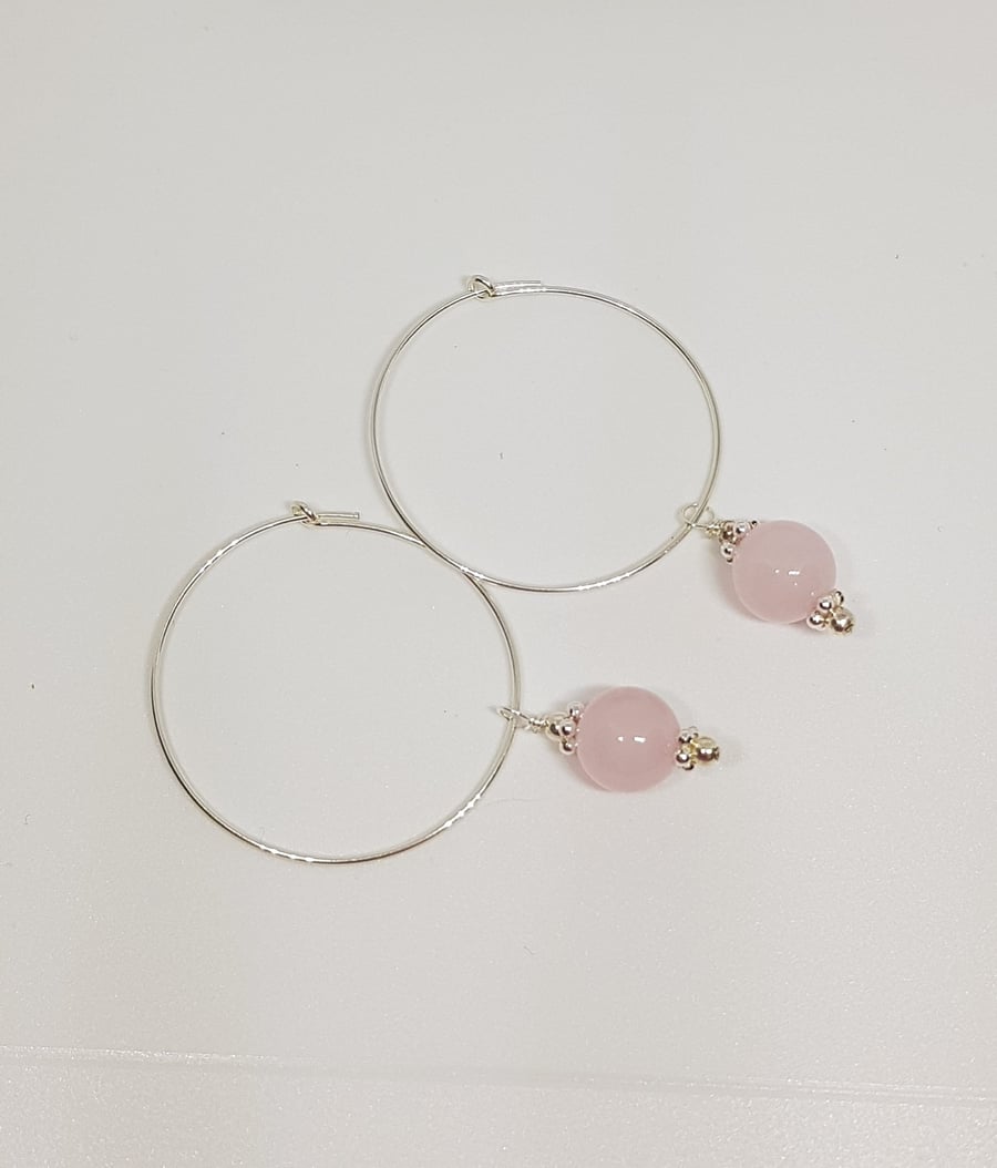 Rose Quartz Gemstone and Hoop Hand Beaded Sterling Silver Earrings
