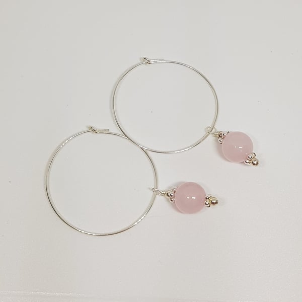 Rose Quartz Gemstone and Hoop Hand Beaded Sterling Silver Earrings