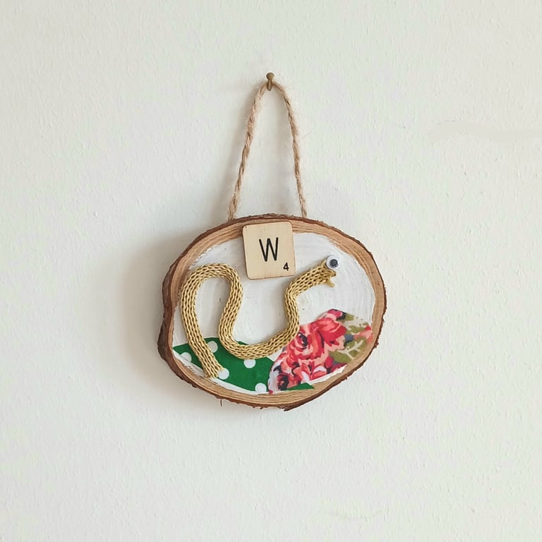 Wooden fun alphabet art with first letter scrabble tile - W worm