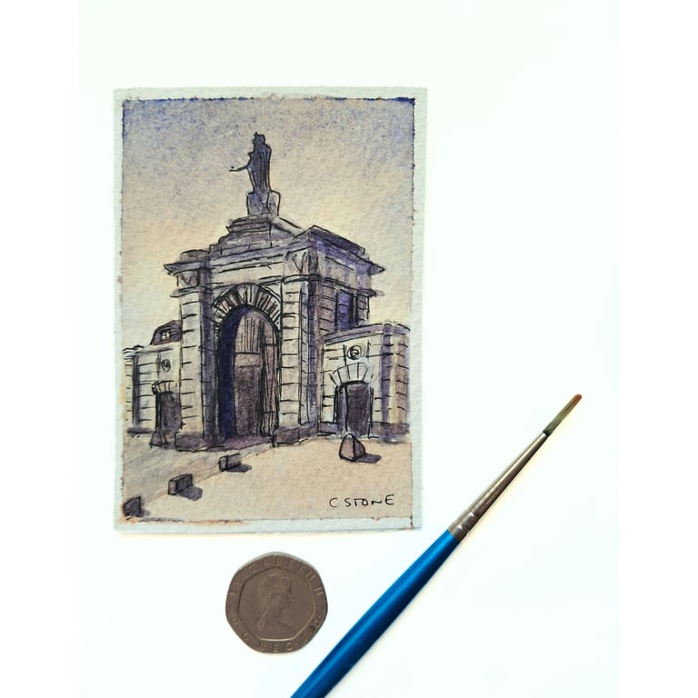 Original ACEO Mini Watercolour and  Ink Painting Royal William Yard, Plymouth