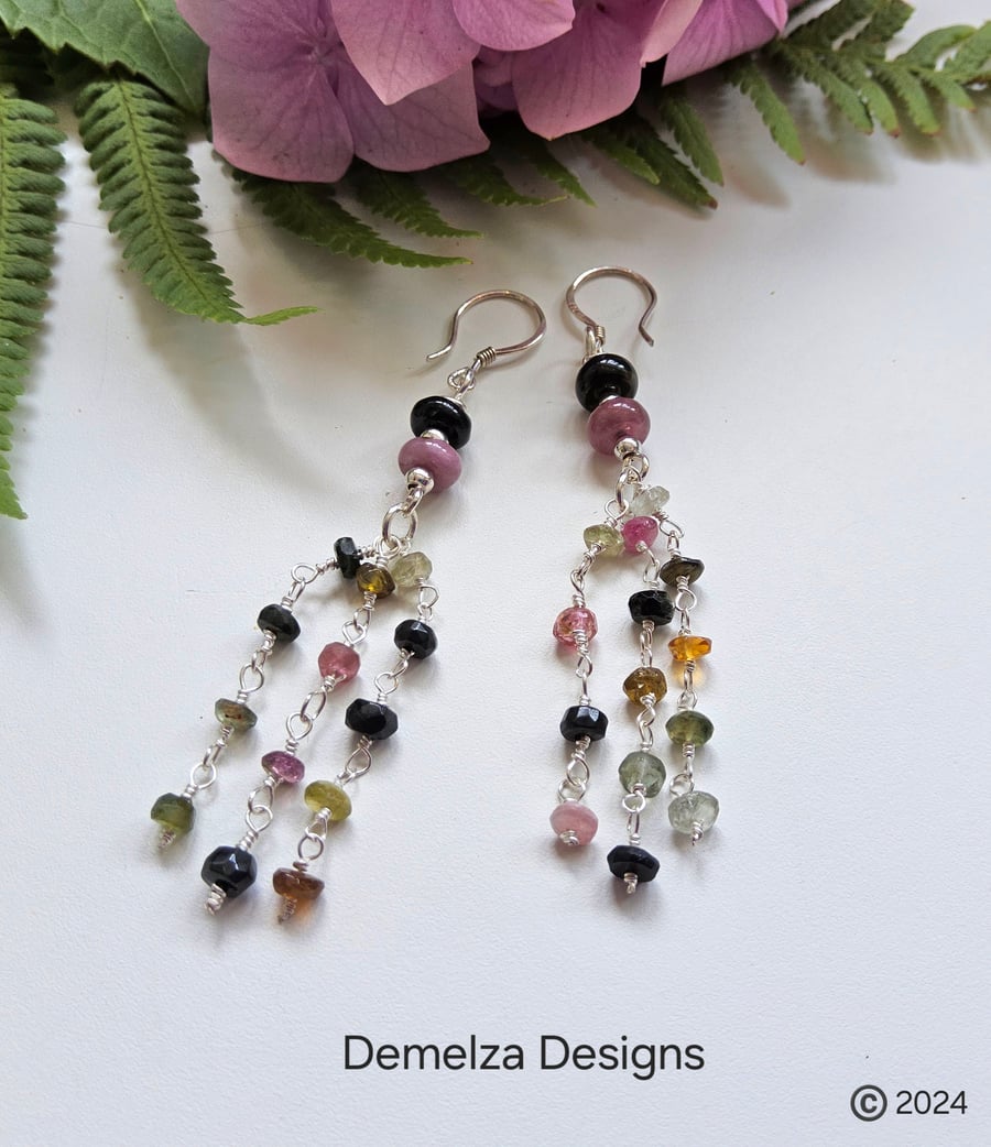 Designer Artisan Watermelon Tourmaline Sterling Silver Dangle Drop Earrings