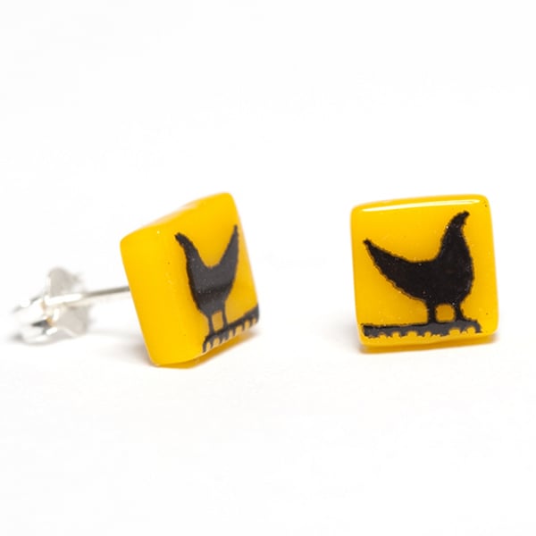 Blackbird Glass Earrings with Screen Printed Kiln Fired Enamel