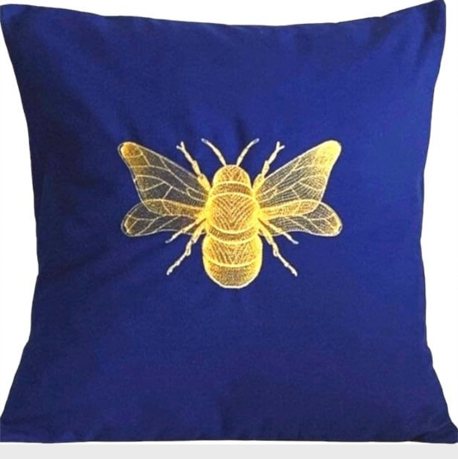 Gold Bee Embroidered Cushion Cover NAVY 16”x16”