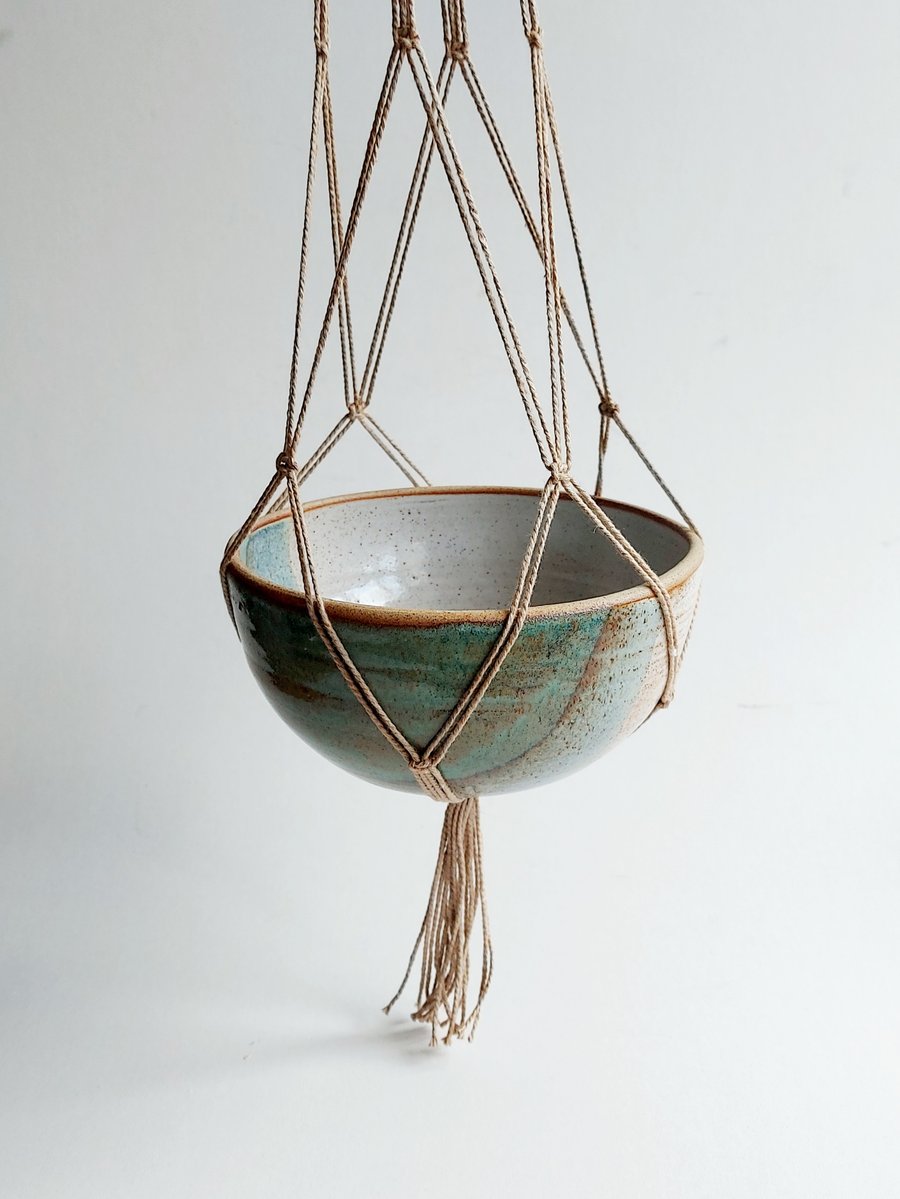 Handmade pottery hanging planter in Gardom's Green  and White glaze 
