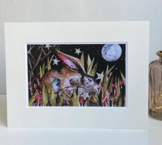 Resting Hare Rabbit under the Moon and Stars Whimsical Mounted Print