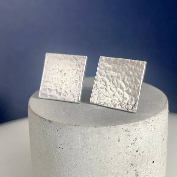 Sterling Silver Square Ear Stud Earrings 12mm - Hammered-Sparkly - Handmade 