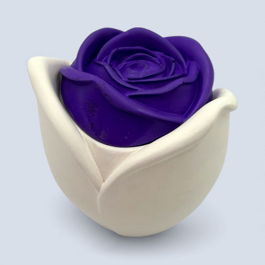 White trinket pot with purple rose lid - handmade jewellery box or keepsake pot