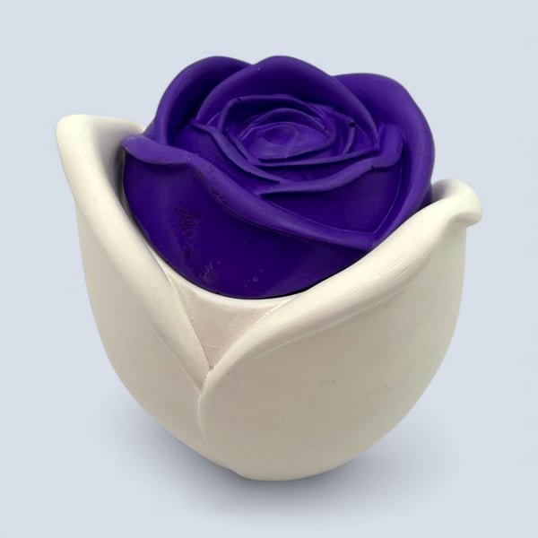 White trinket pot with purple rose lid - handmade jewellery box or keepsake pot