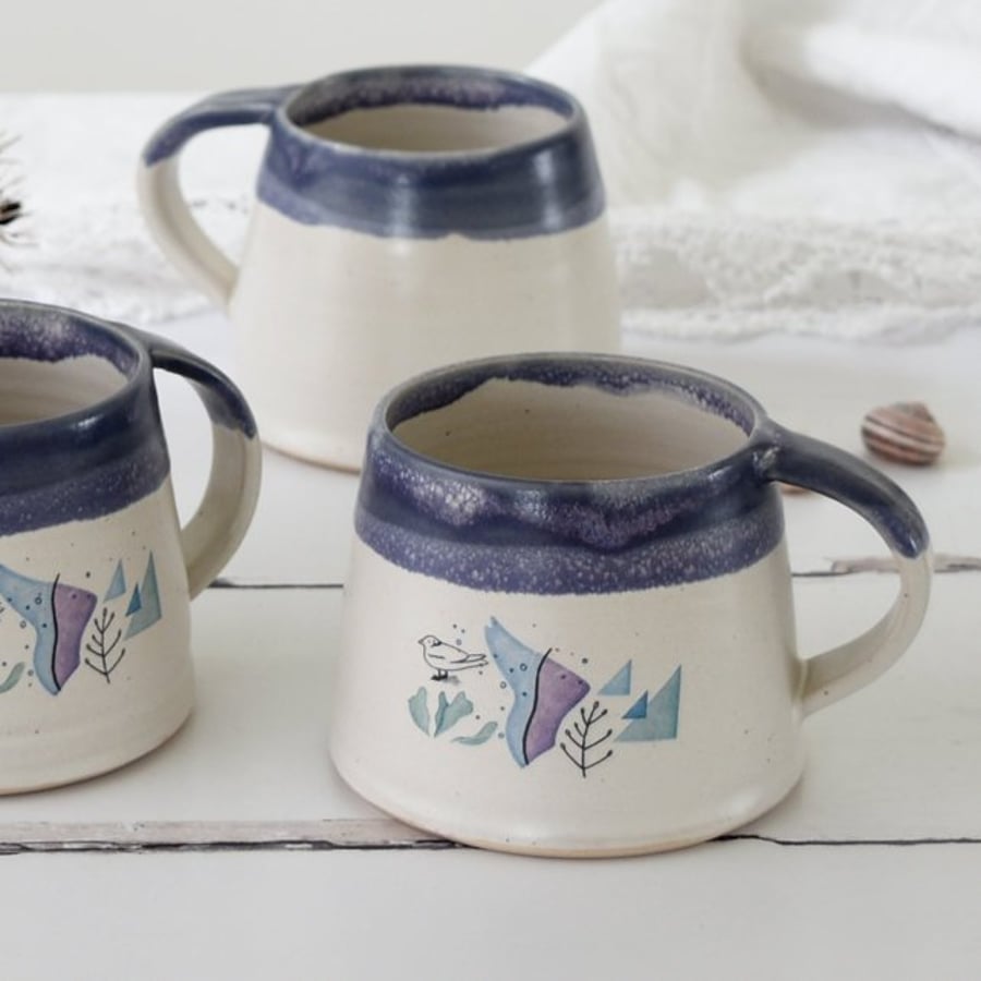 Blue and white coastal seaside mug, handmade ceramic coffee and tea mug
