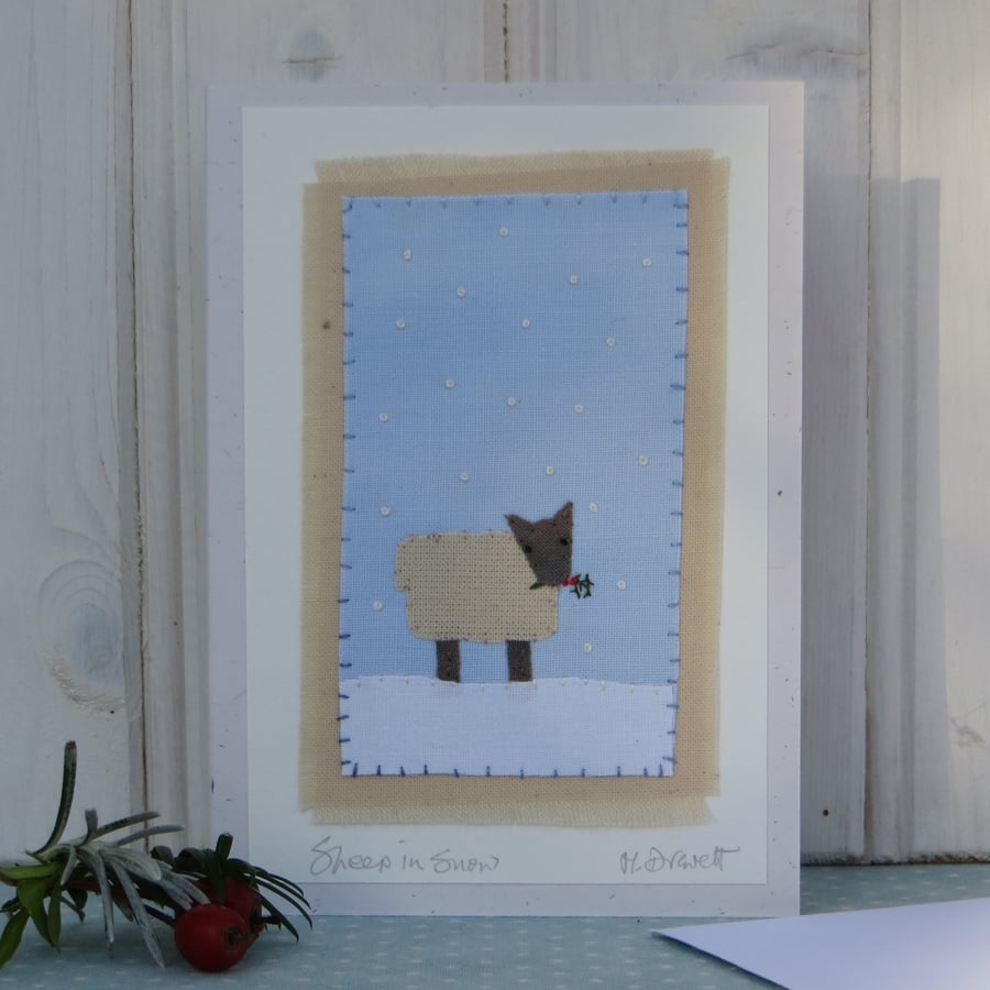 Sheep in Snow hand-stitched textile - perfect for Christmas. A card to keep!