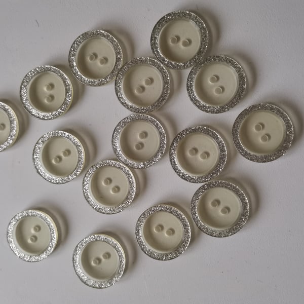 10 Clear With Silver Glitter Rimmed Buttons, 25mm Buttons 