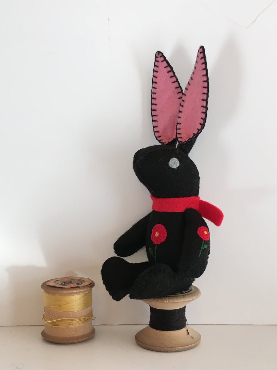 Hand Embroidered Little Black Felt Bunny 