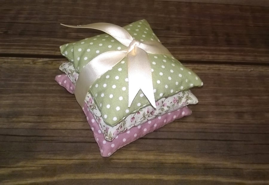 Spotty lavender bags x 3, Green, pink and floral, Handmade, wrapped in ribbon,