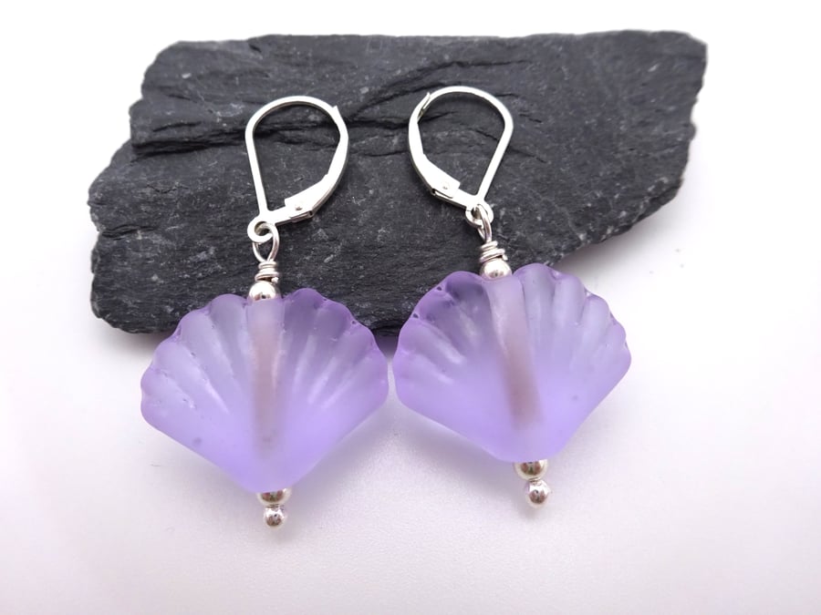 lampwork glass lilac shell earrings