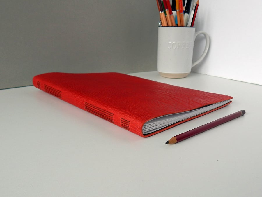 A4 Red Leather Sketchbook in full grain leather. Free UK Shipping. 