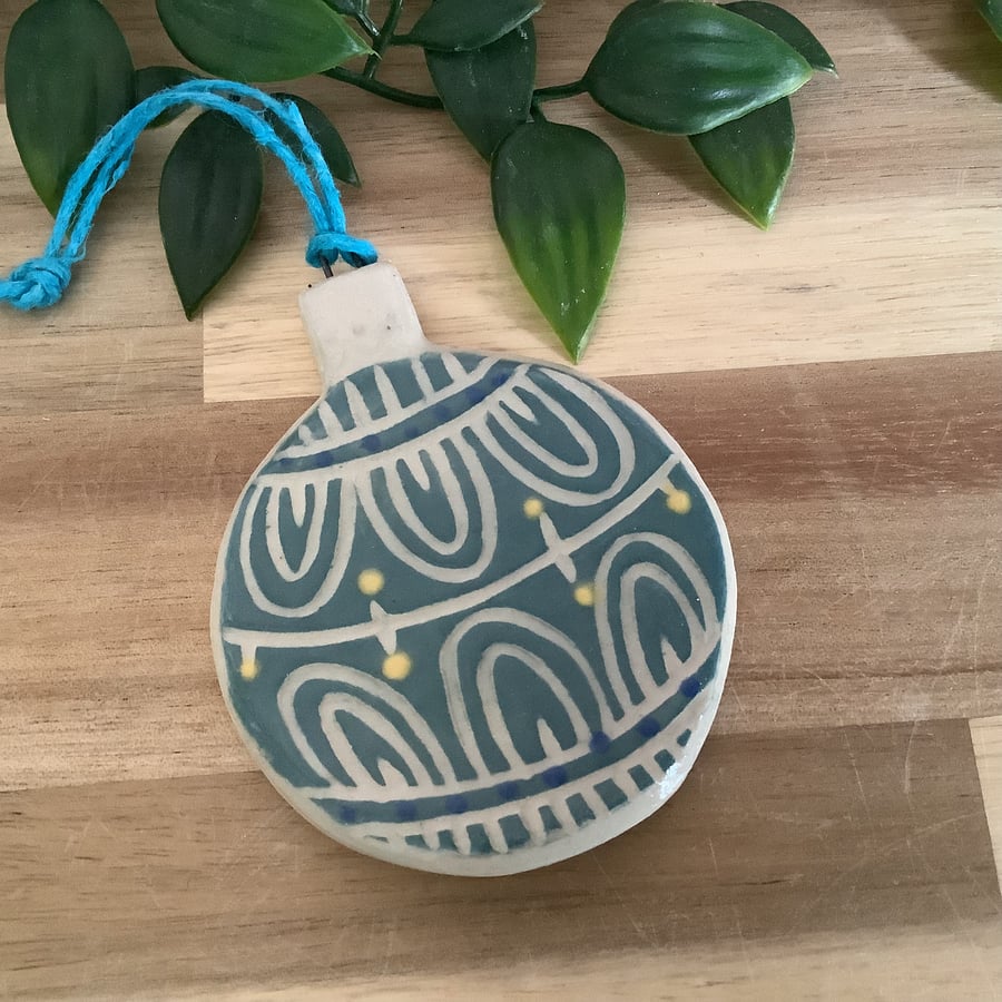 Handmade stoneware green Christmas bauble tree hanging decoration 