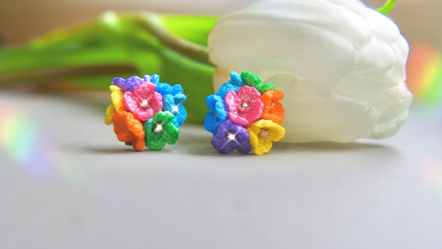 Microcrochet Rainbow Flower Bouquet Stud Earrings 