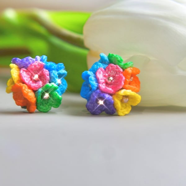 Microcrochet Rainbow Flower Bouquet Stud Earrings 