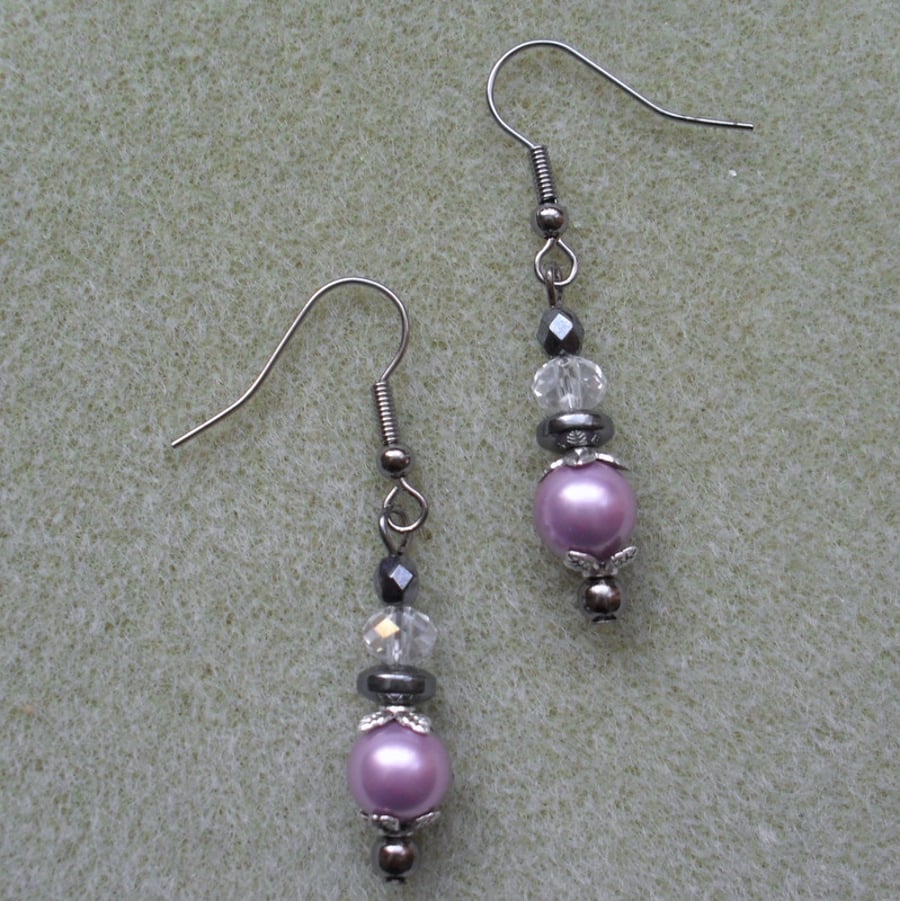 Lilac Shell Pearl, Haematite and glass bead Gunmetal Earrings