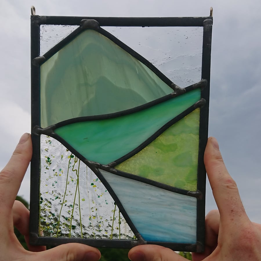 SOLD Stained glass leaded panel - green hills mountains 