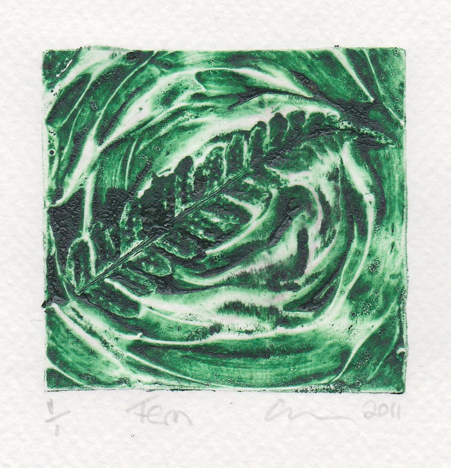 Fern Leaf Green One-Off Collagraph Print 