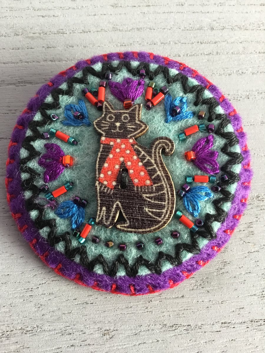 Hand Embroidered Black Cat Brooch